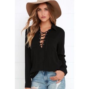 Lulus Black Long Sleeve Lace-Up Top